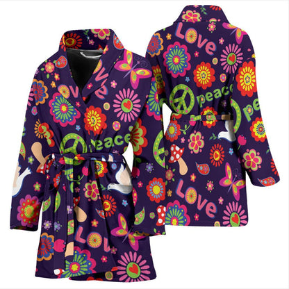 Flower Power Peace Design Print Women Bath Robe-JTAMIGO.COM