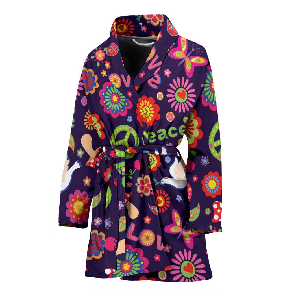 Flower Power Peace Design Print Women Bath Robe-JTAMIGO.COM