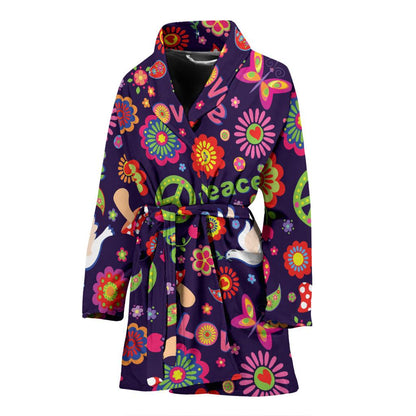 Flower Power Peace Design Print Women Bath Robe-JTAMIGO.COM