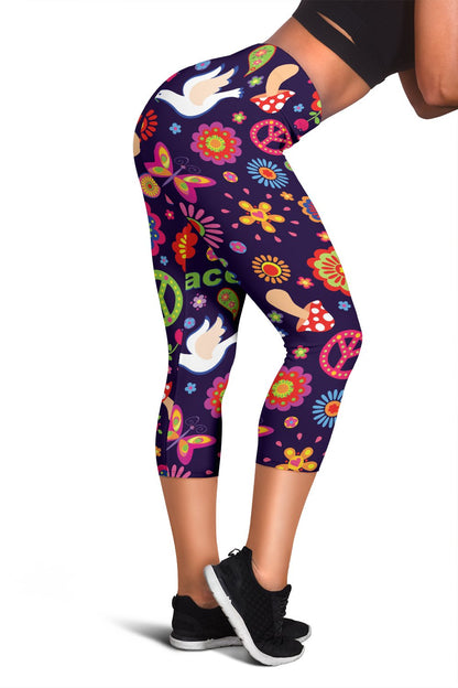 Flower Power Peace Design Print Women Capris
