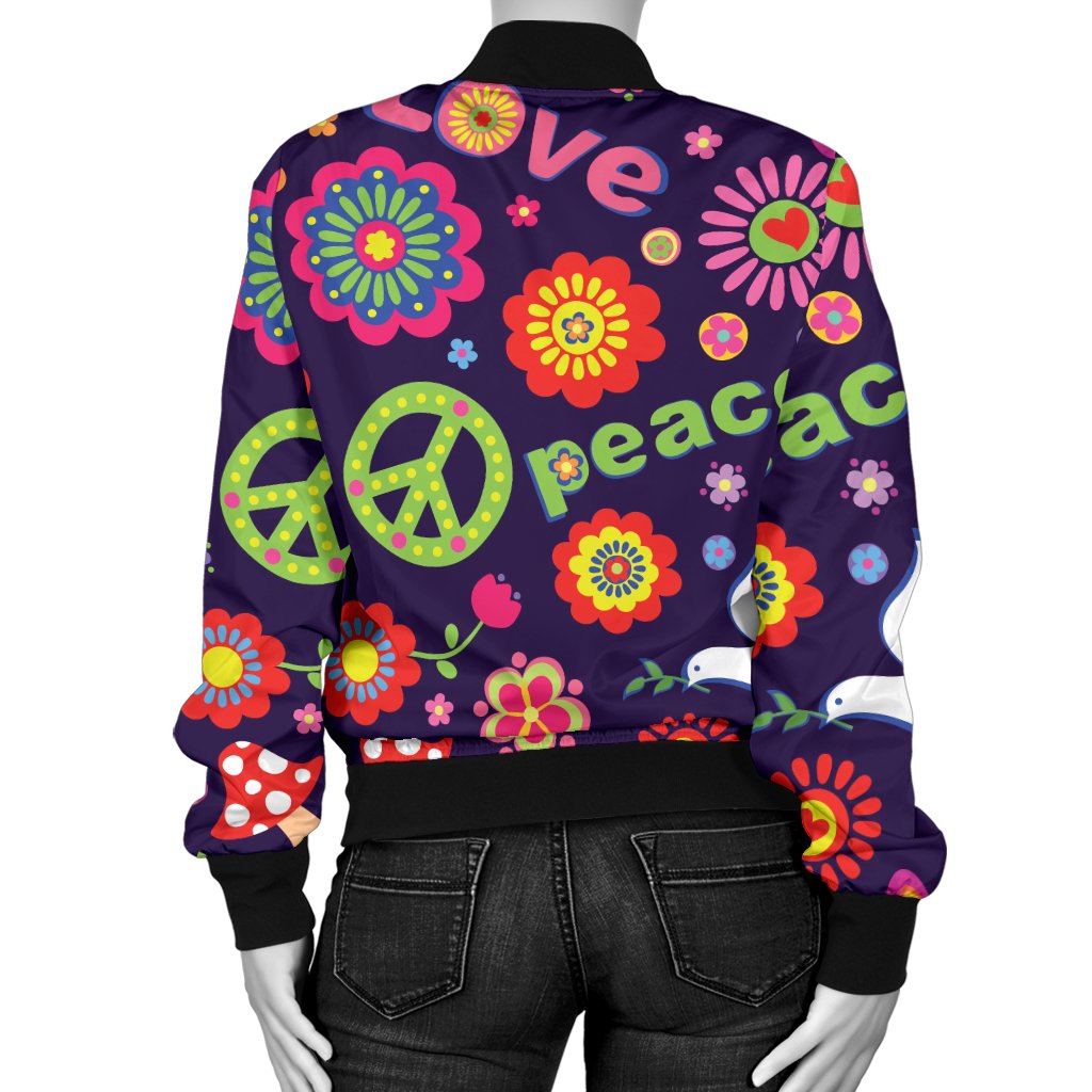 Flower Power Peace Design Print Women Casual Bomber Jacket