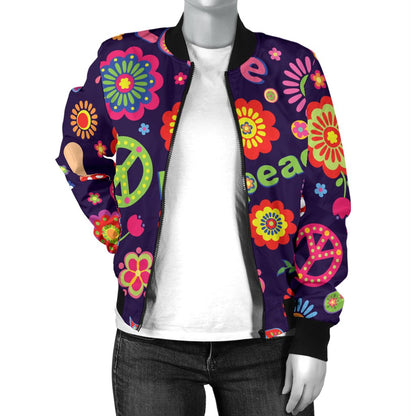 Flower Power Peace Design Print Women Casual Bomber Jacket