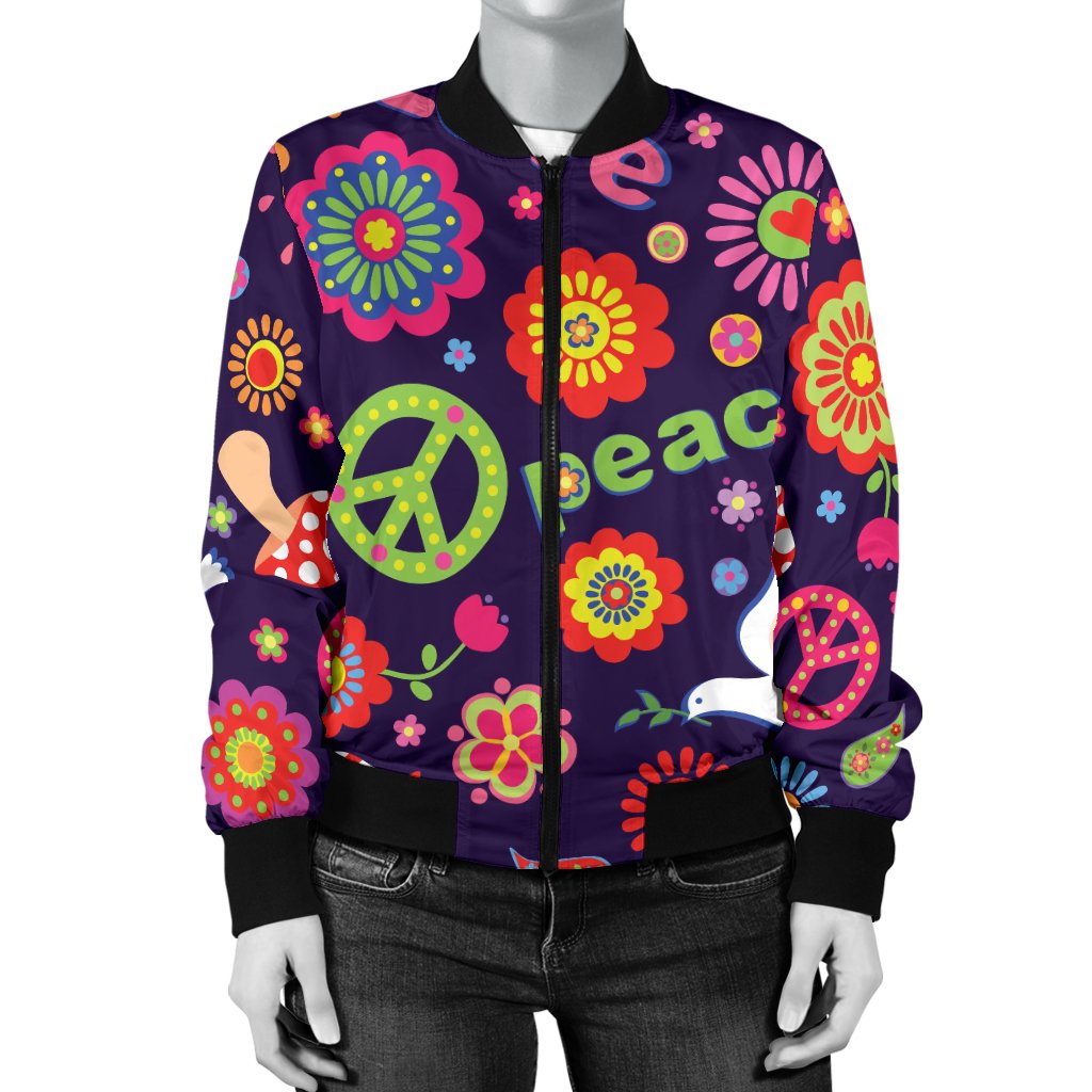 Flower Power Peace Design Print Women Casual Bomber Jacket