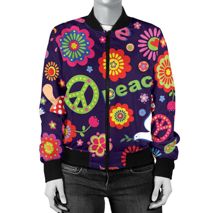 Flower Power Peace Design Print Women Casual Bomber Jacket