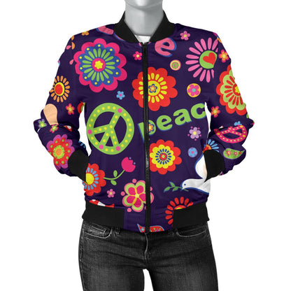 Flower Power Peace Design Print Women Casual Bomber Jacket