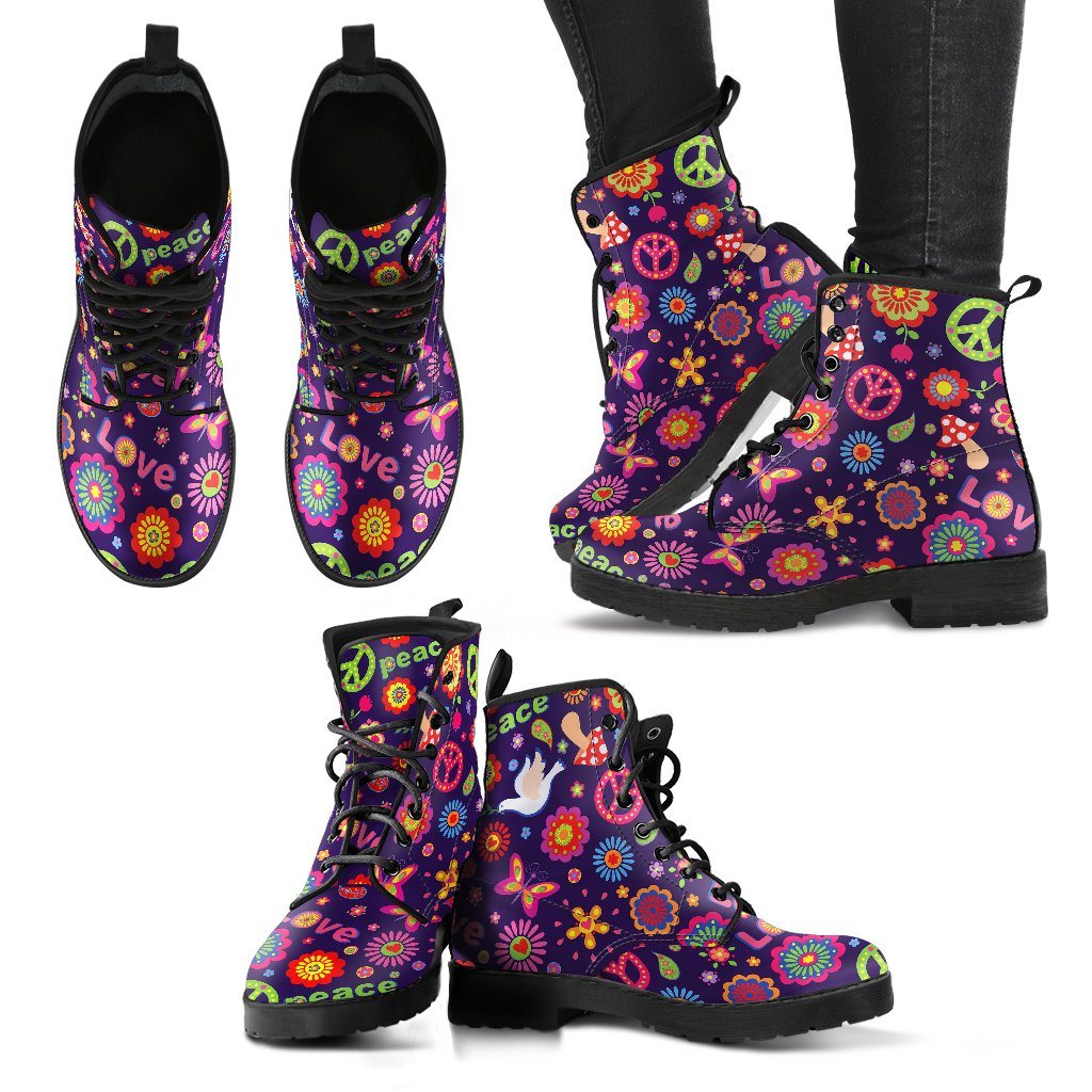 Flower Power Peace Design Print Women Leather Boots-JTAMIGO.COM
