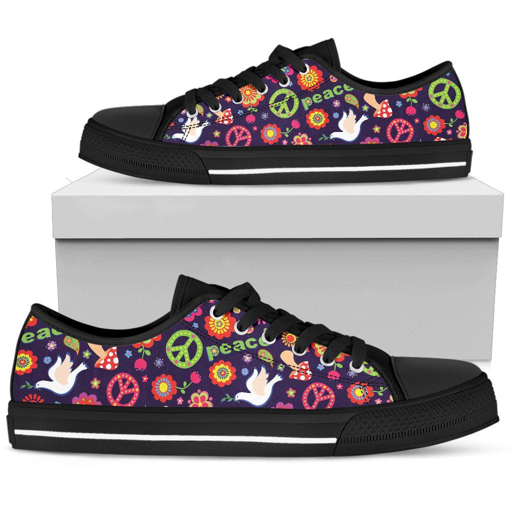Flower Power Peace Design Print Women Low Top Shoes