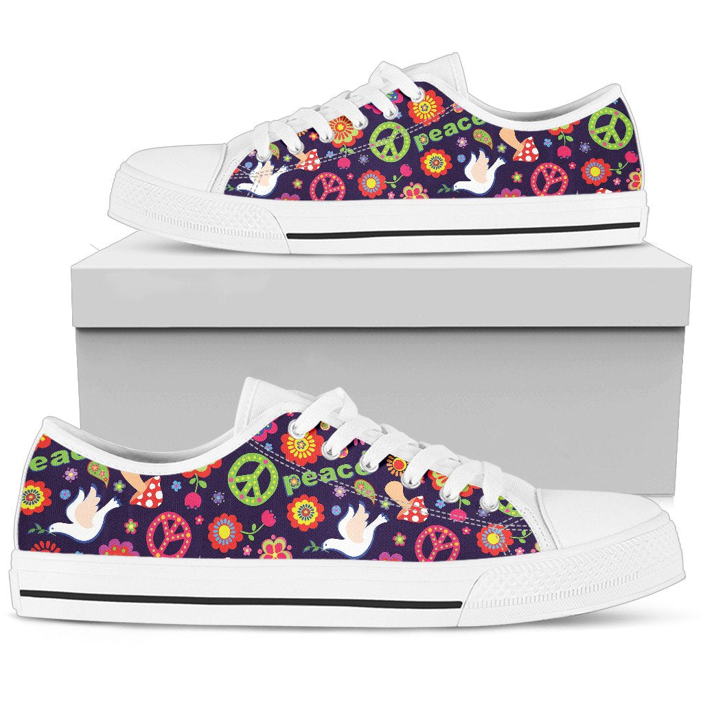 Flower Power Peace Design Print Women Low Top Shoes