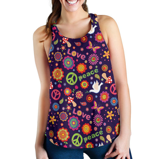 Flower Power Peace Design Print Women Racerback Tank Top