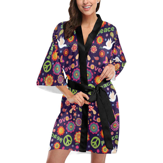 Flower Power Peace Design Print Women Short Kimono Robe