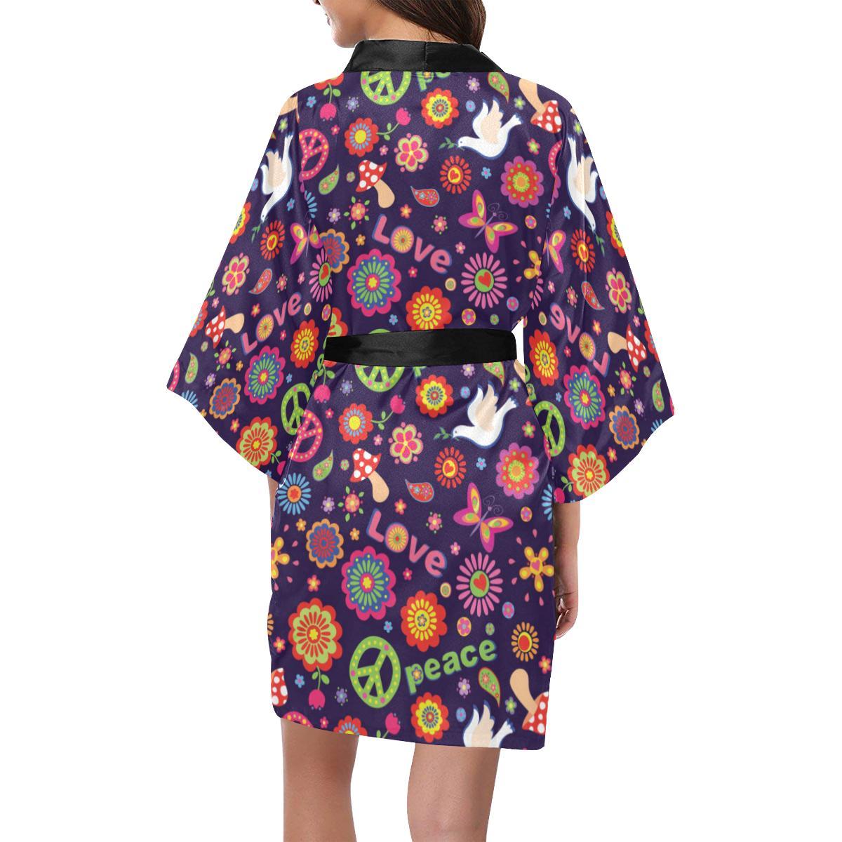 Flower Power Peace Design Print Women Short Kimono Robe