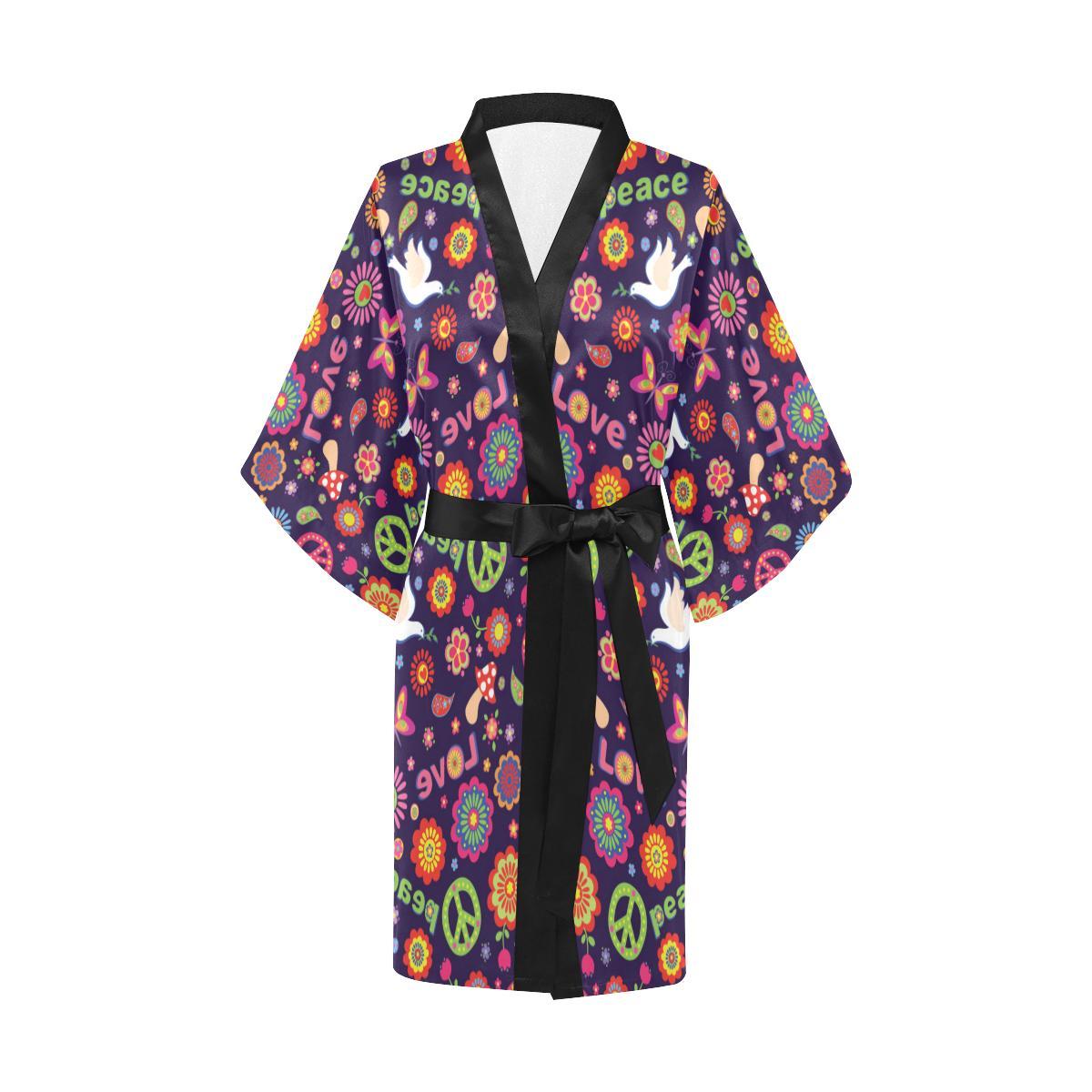 Flower Power Peace Design Print Women Short Kimono Robe