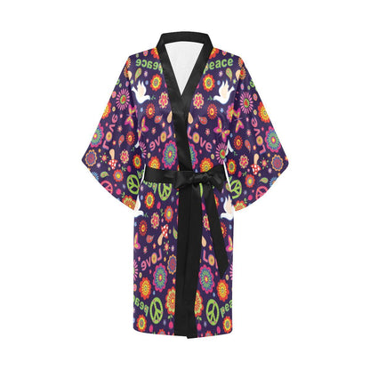 Flower Power Peace Design Print Women Short Kimono Robe