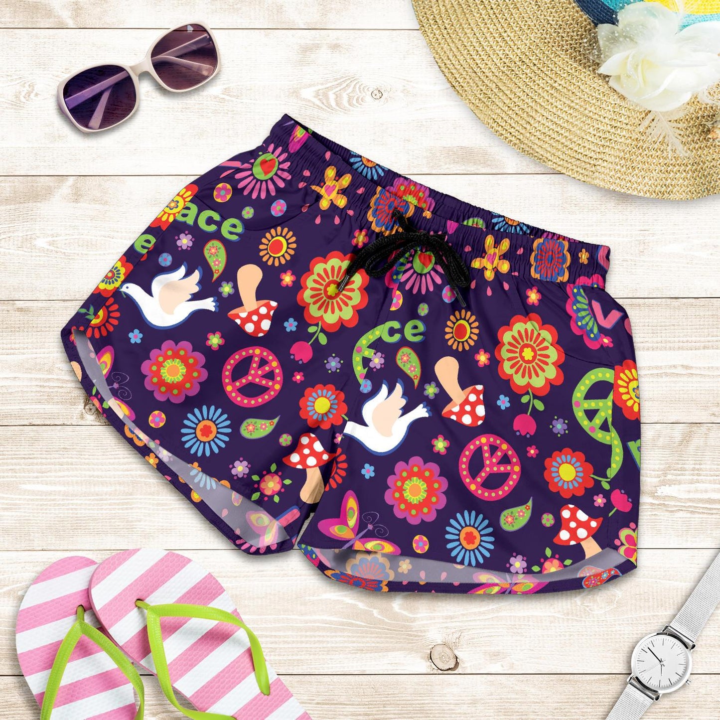 Flower Power Peace Design Print Women Shorts-JTAMIGO.COM