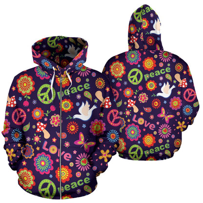 Flower Power Peace Design Print Zip Up Hoodie