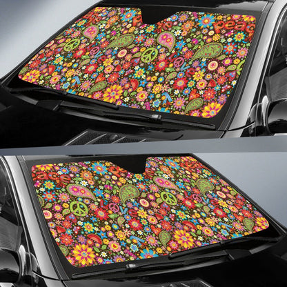Flower Power Peace Paisley Themed Print Car Sun Shade For Windshield