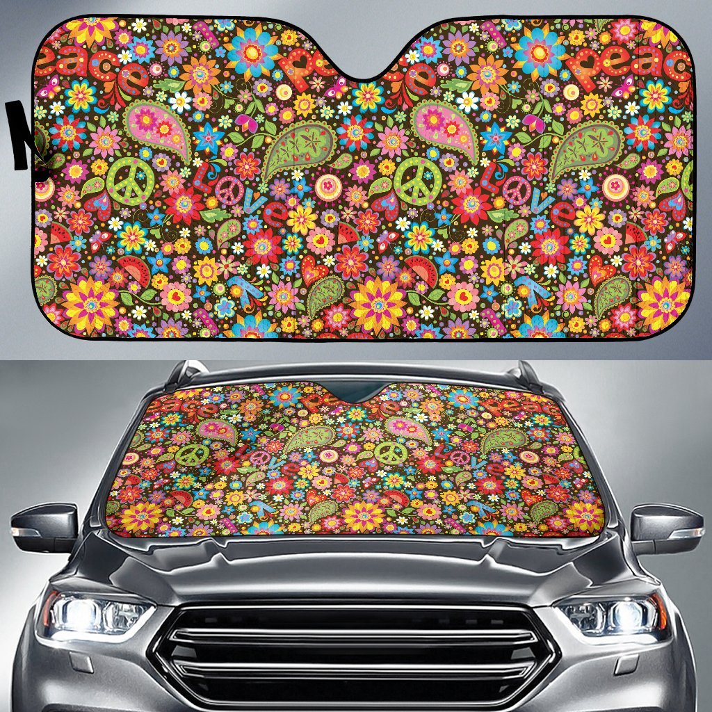 Flower Power Peace Paisley Themed Print Car Sun Shade For Windshield