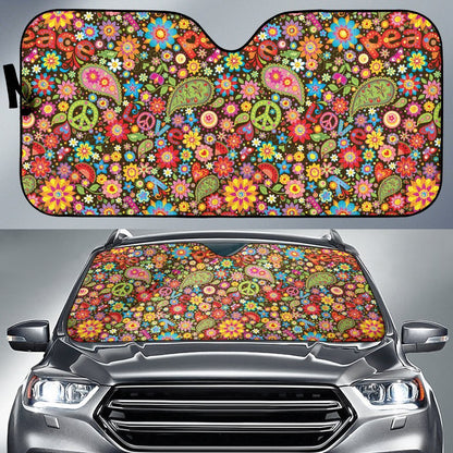Flower Power Peace Paisley Themed Print Car Sun Shade For Windshield