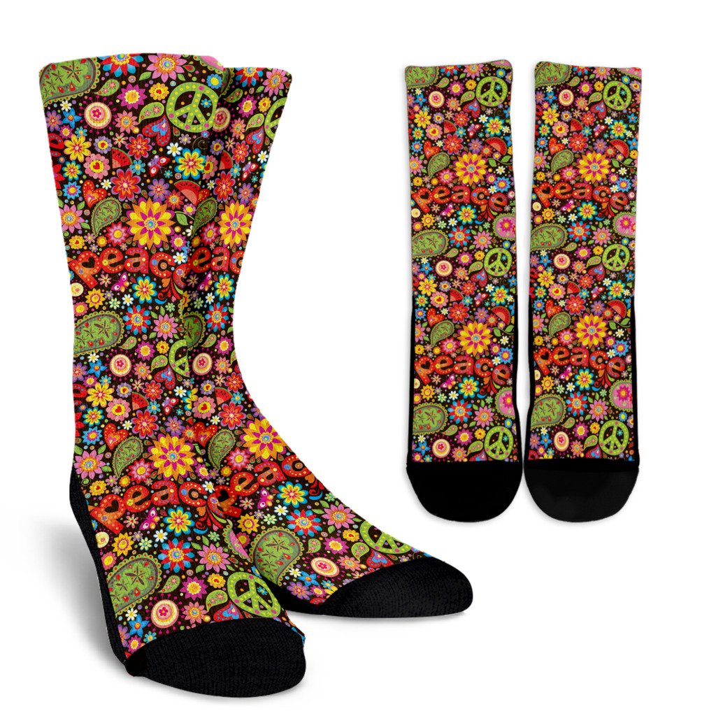 Flower Power Peace Paisley Themed Print Crew Socks