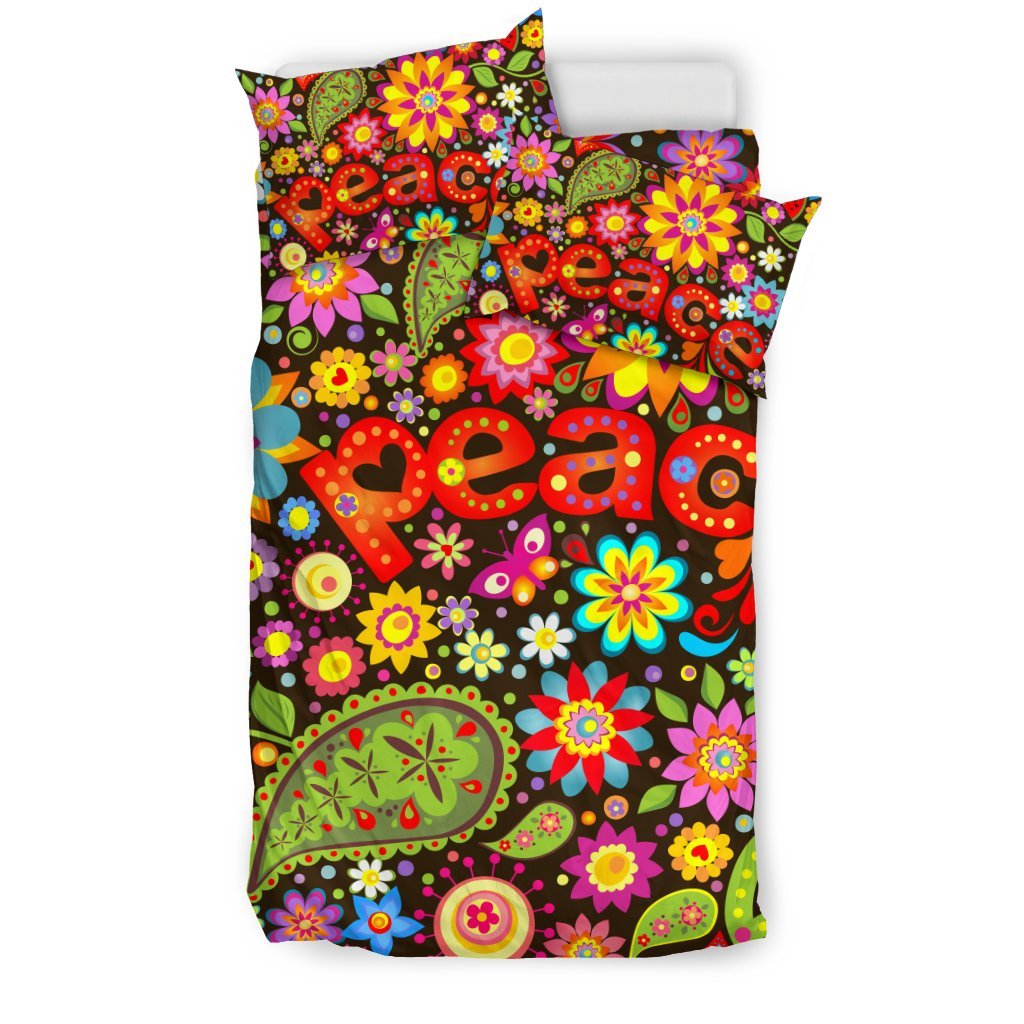 Flower Power Peace Paisley Themed Print Duvet Cover Bedding Set