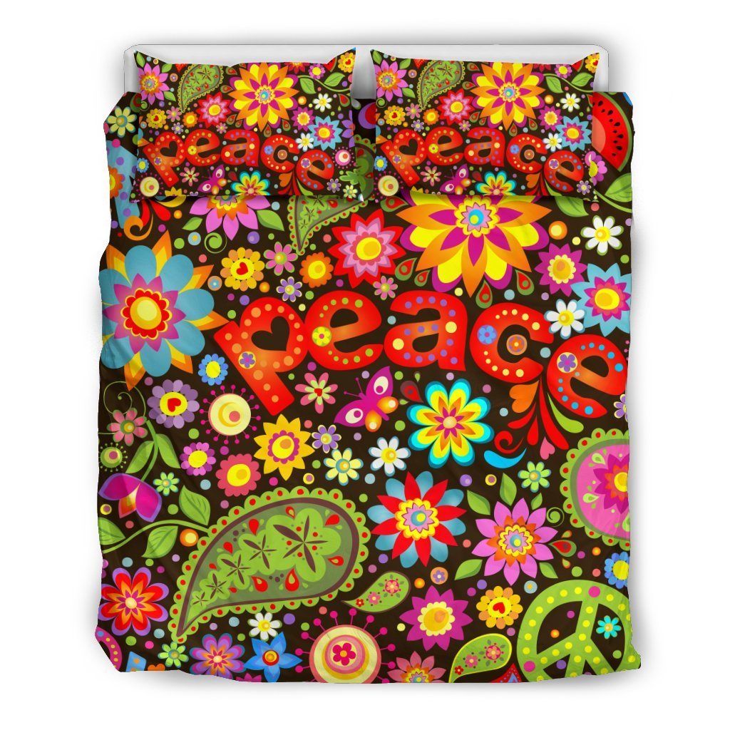 Flower Power Peace Paisley Themed Print Duvet Cover Bedding Set