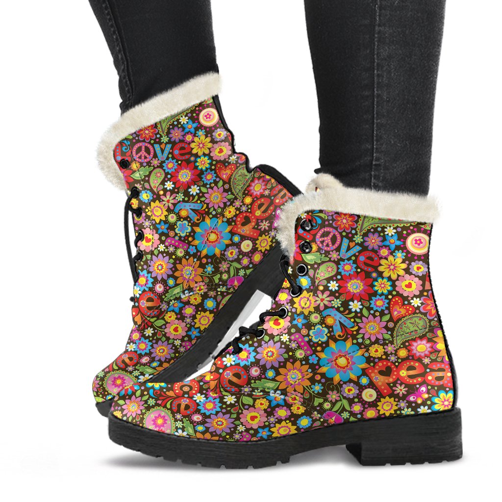 Flower Power Peace Paisley Themed Print Faux Fur Leather Boots-JTAMIGO.COM