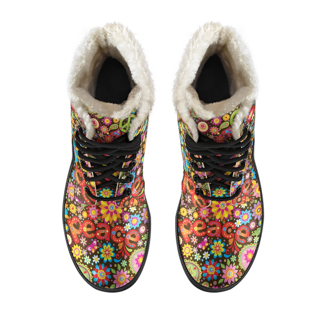 Flower Power Peace Paisley Themed Print Faux Fur Leather Boots-JTAMIGO.COM