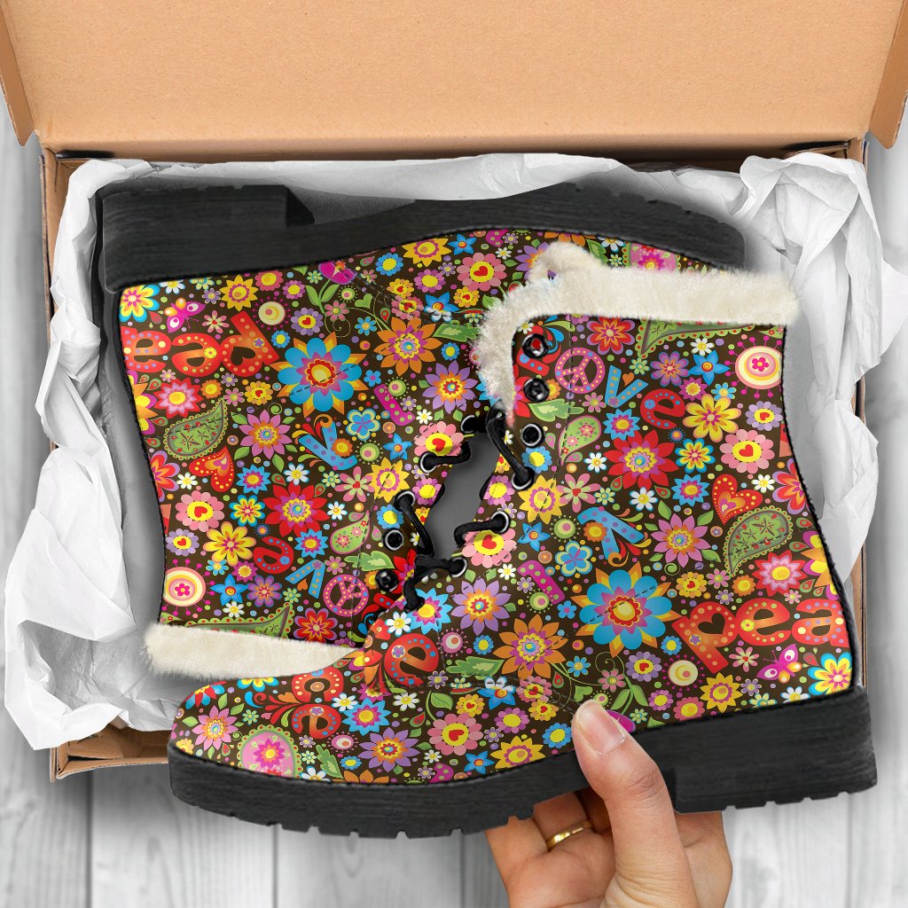 Flower Power Peace Paisley Themed Print Faux Fur Leather Boots-JTAMIGO.COM
