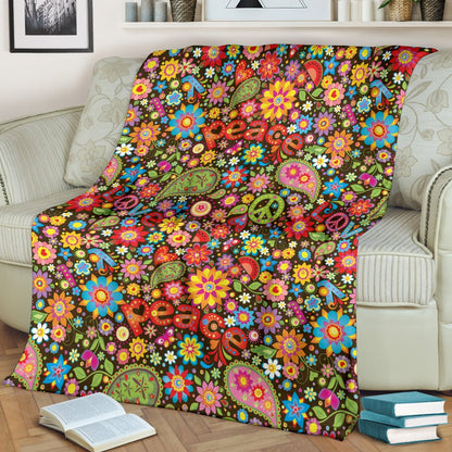 Flower Power Peace Paisley Themed Print Fleece Blanket