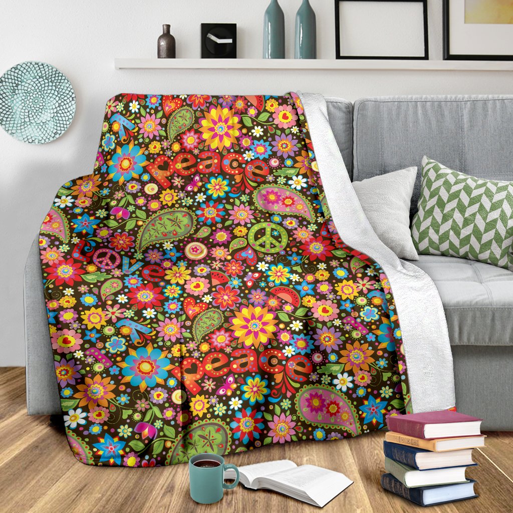 Flower Power Peace Paisley Themed Print Fleece Blanket