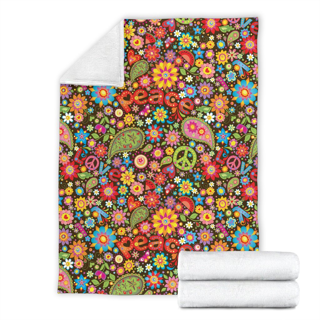 Flower Power Peace Paisley Themed Print Fleece Blanket