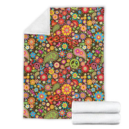 Flower Power Peace Paisley Themed Print Fleece Blanket
