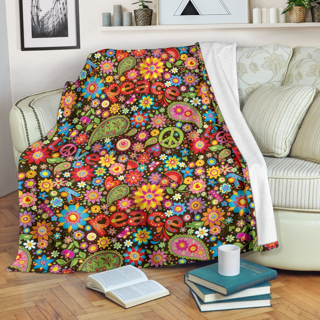Flower Power Peace Paisley Themed Print Fleece Blanket