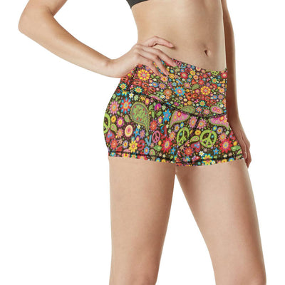 Flower Power Peace Paisley Themed Print High Waisted Spandex Shorts-JTAMIGO.COM