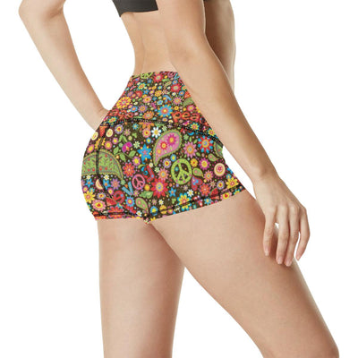 Flower Power Peace Paisley Themed Print High Waisted Spandex Shorts-JTAMIGO.COM