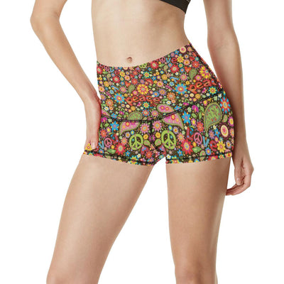 Flower Power Peace Paisley Themed Print High Waisted Spandex Shorts-JTAMIGO.COM