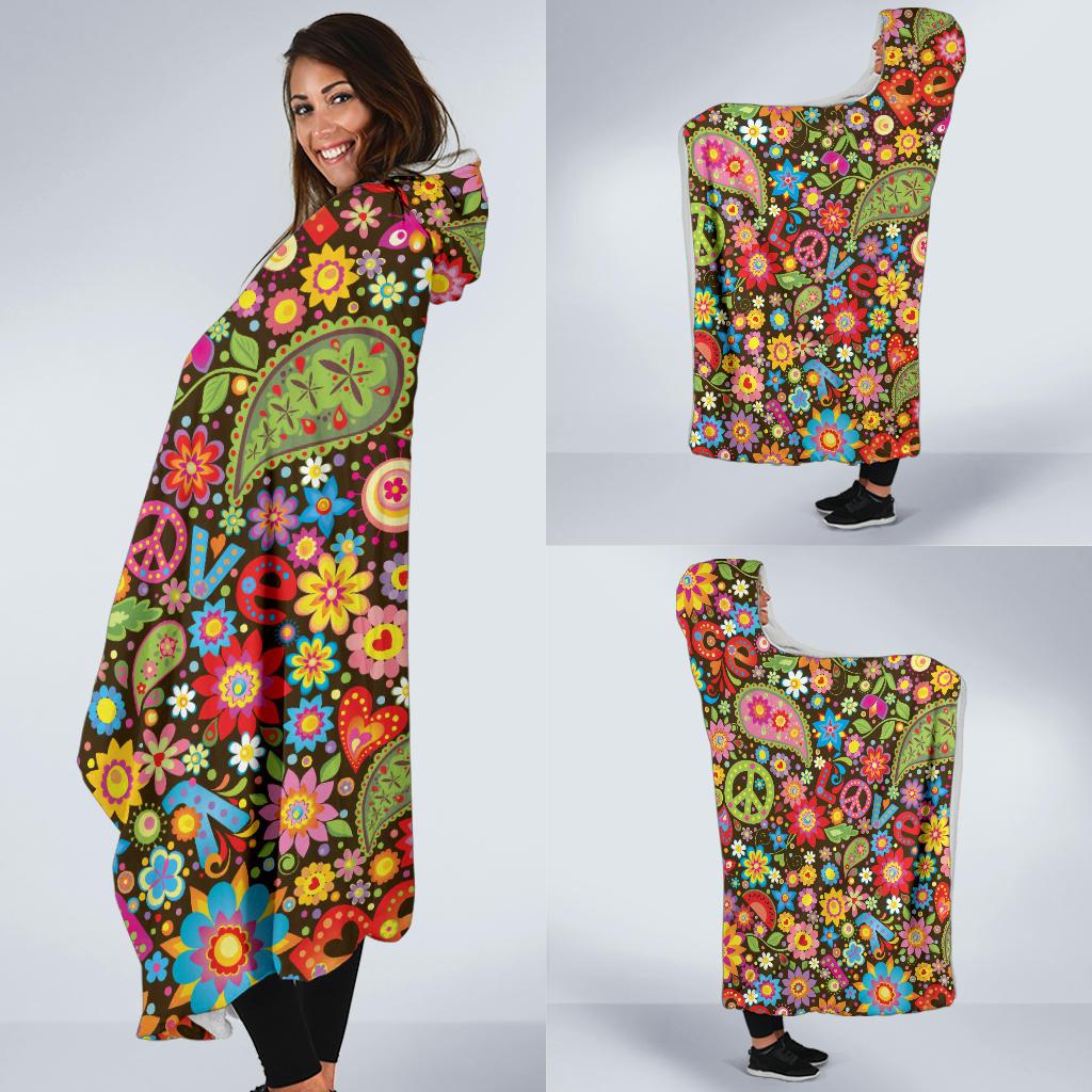 Flower Power Peace Paisley Themed Print Hooded Blanket-JTAMIGO.COM