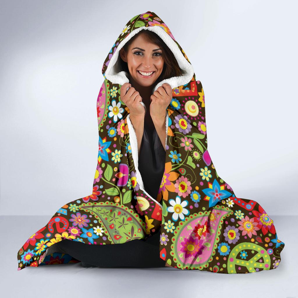Flower Power Peace Paisley Themed Print Hooded Blanket-JTAMIGO.COM