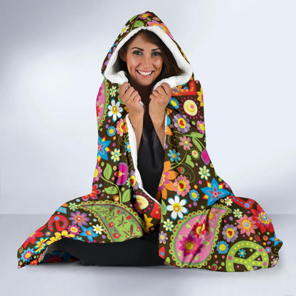 Flower Power Peace Paisley Themed Print Hooded Blanket-JTAMIGO.COM