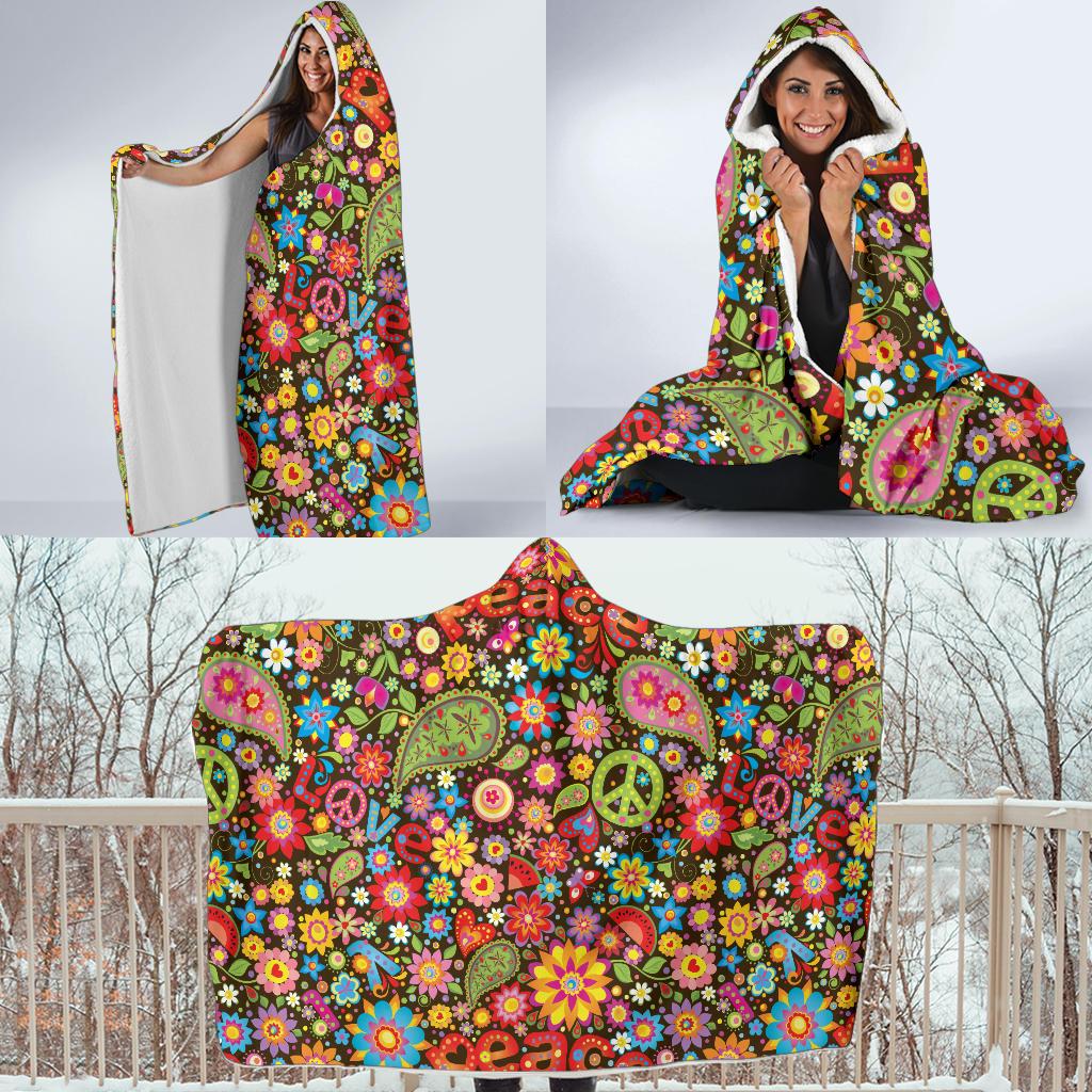 Flower Power Peace Paisley Themed Print Hooded Blanket-JTAMIGO.COM