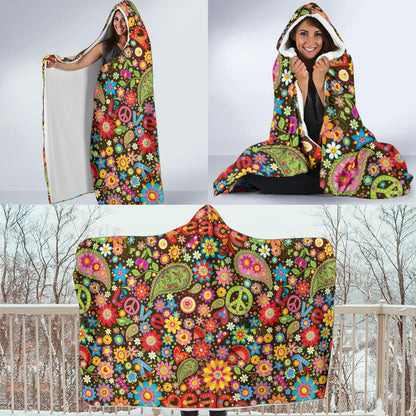 Flower Power Peace Paisley Themed Print Hooded Blanket-JTAMIGO.COM