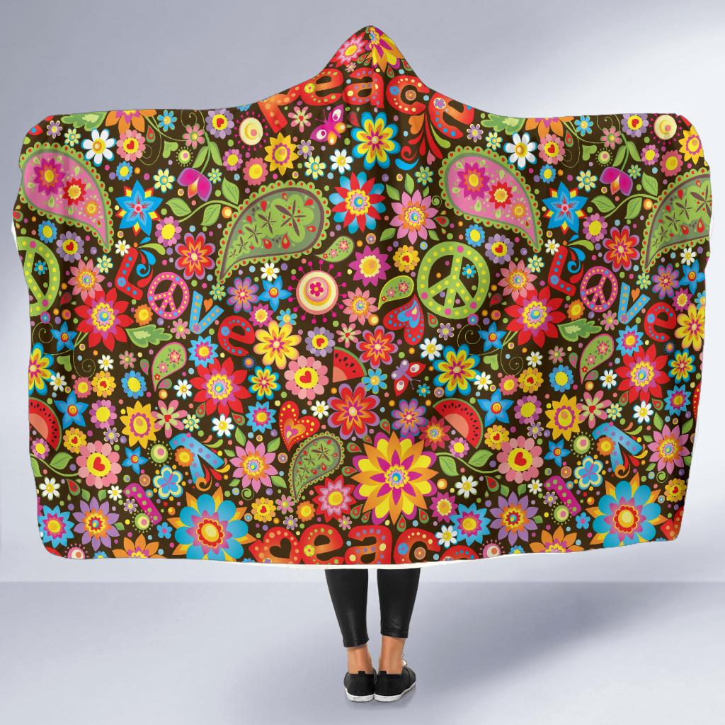 Flower Power Peace Paisley Themed Print Hooded Blanket-JTAMIGO.COM