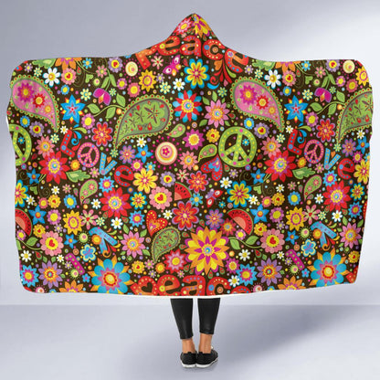 Flower Power Peace Paisley Themed Print Hooded Blanket-JTAMIGO.COM
