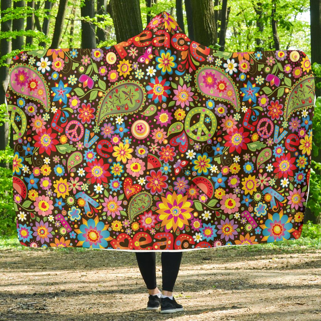 Flower Power Peace Paisley Themed Print Hooded Blanket-JTAMIGO.COM