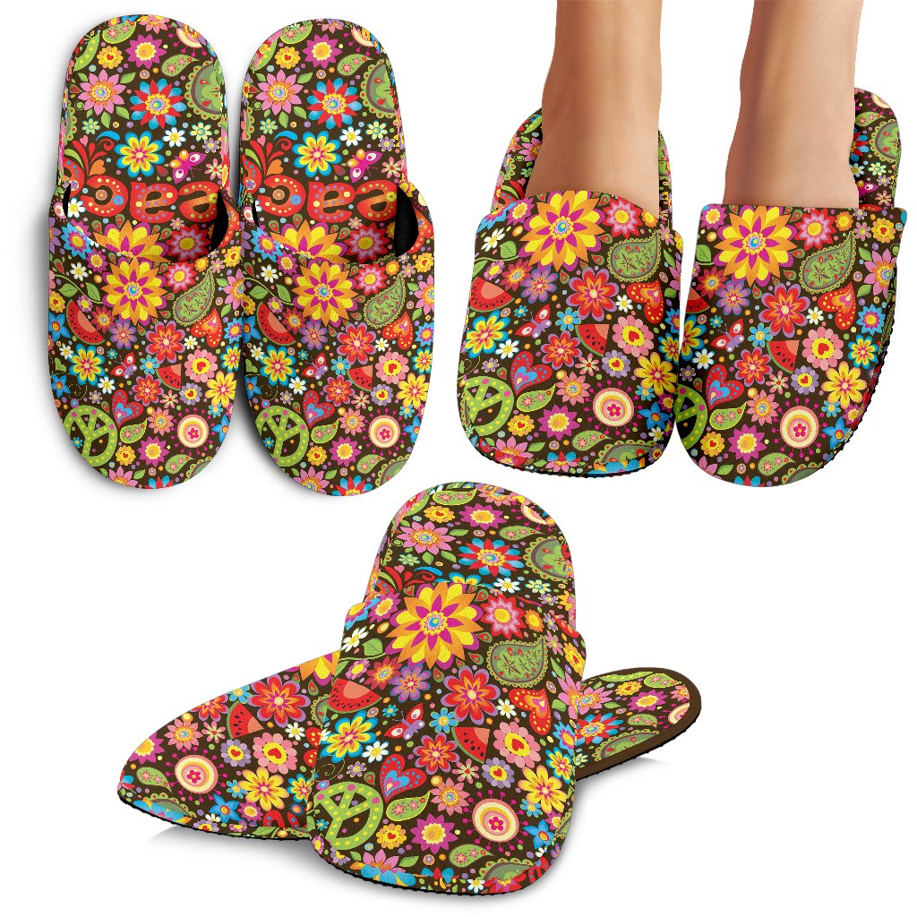 Flower Power Peace Paisley Themed Print House Slippers