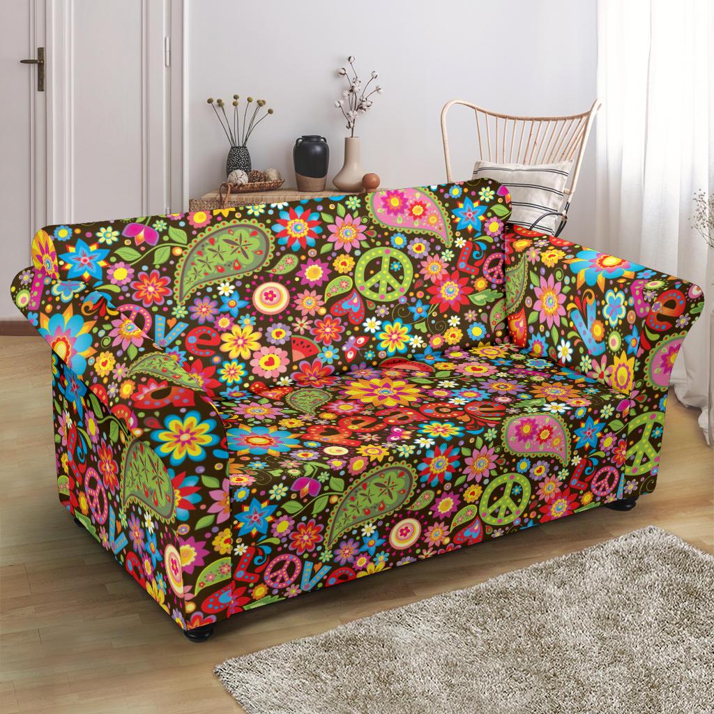 Flower Power Peace Paisley Themed Print Loveseat Slipcover-JTAMIGO.COM