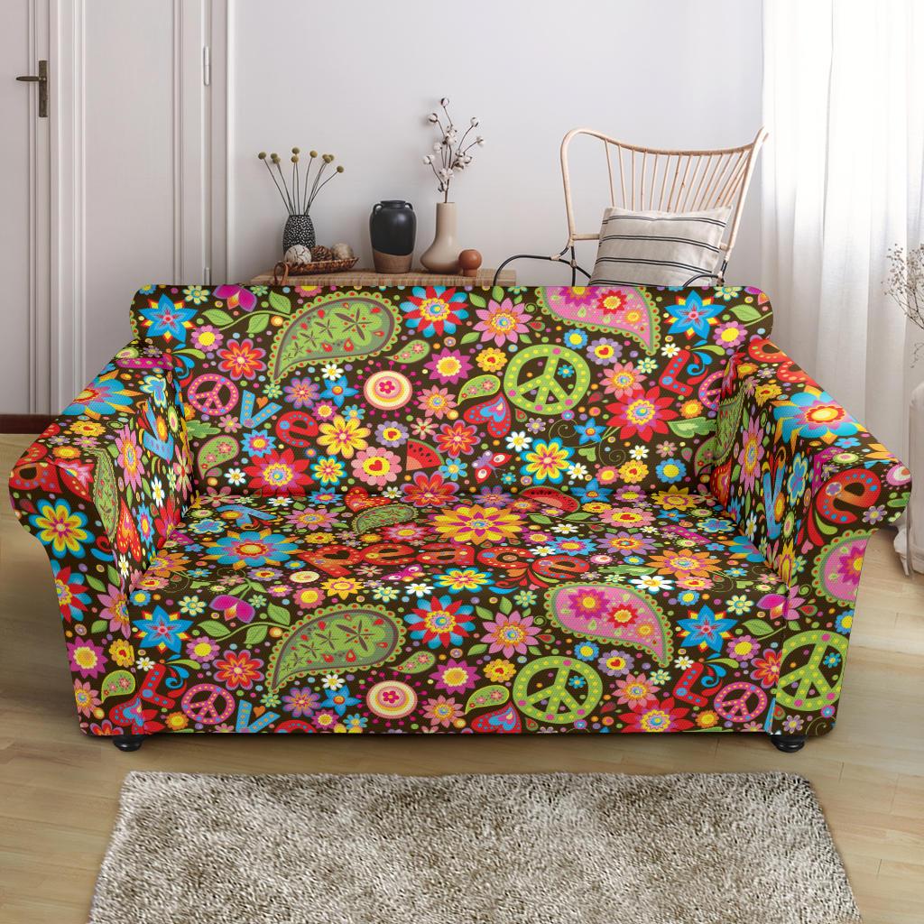 Flower Power Peace Paisley Themed Print Loveseat Slipcover-JTAMIGO.COM