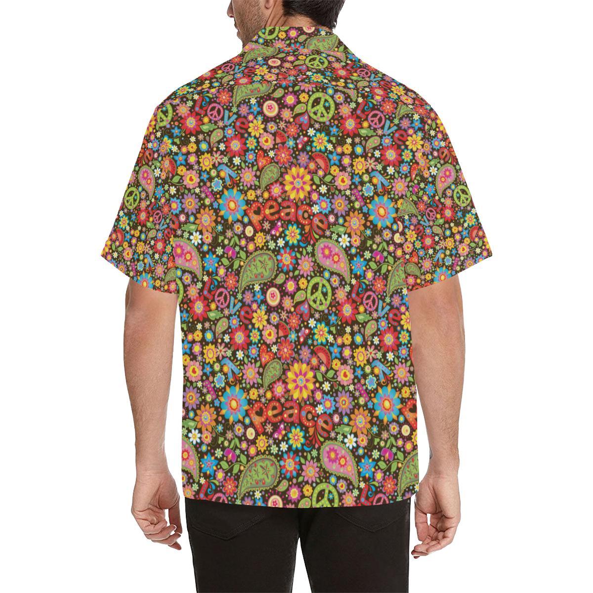 Flower Power Peace Paisley Themed Print Men Aloha Hawaiian Shirt