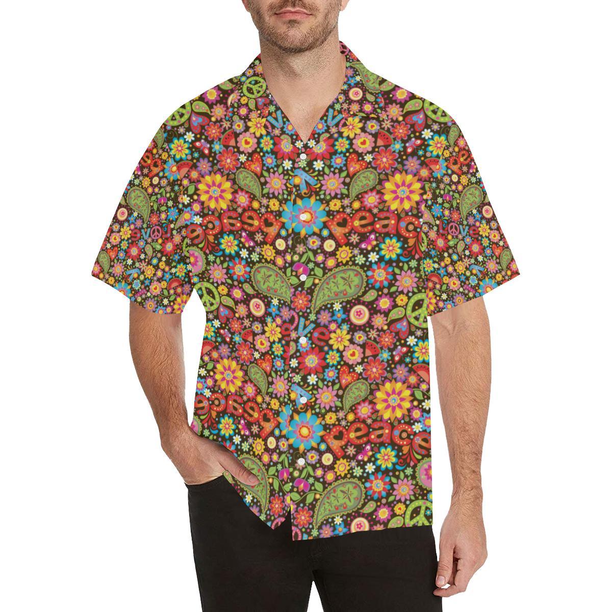 Flower Power Peace Paisley Themed Print Men Aloha Hawaiian Shirt