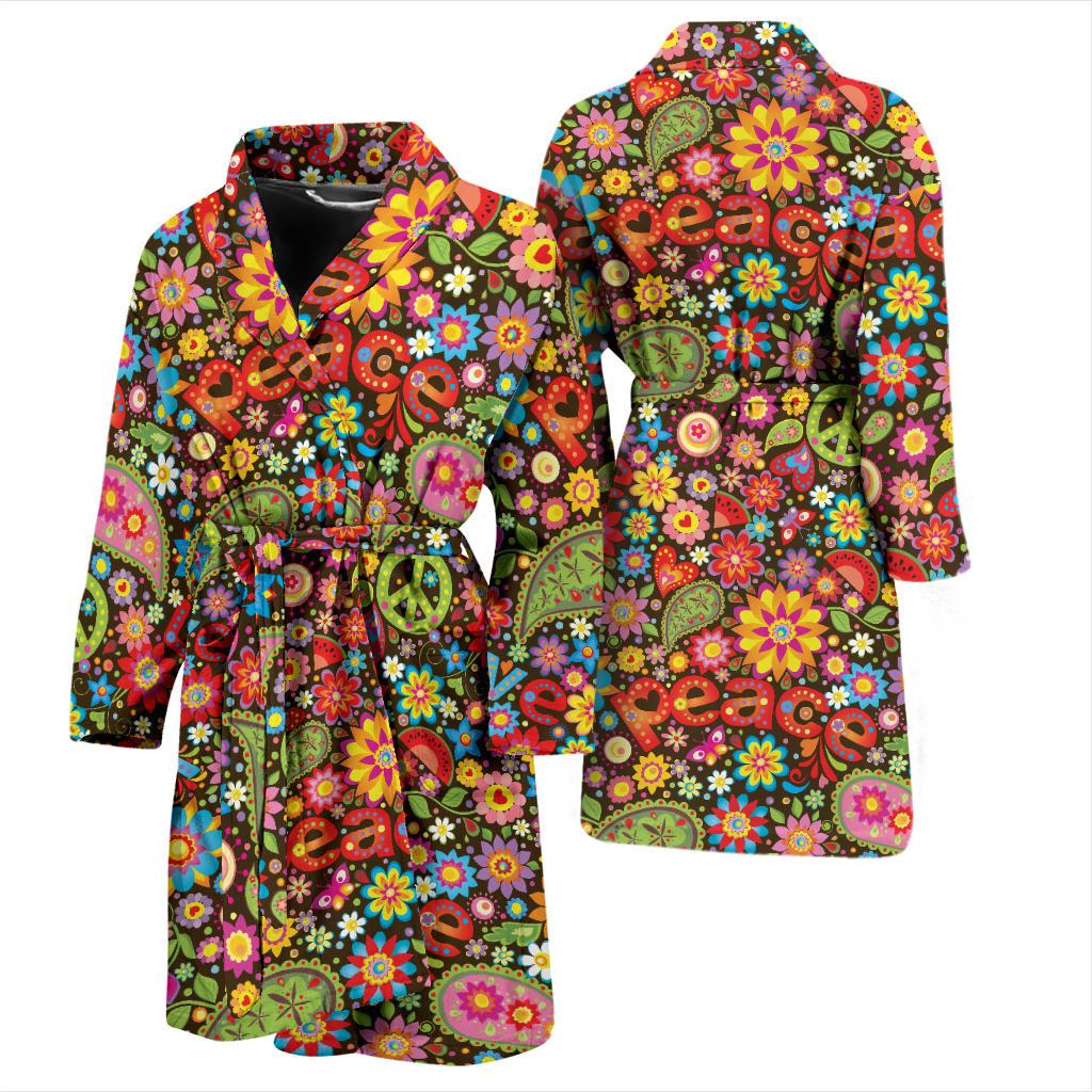 Flower Power Peace Paisley Themed Print Men Bath Robe-JTAMIGO.COM